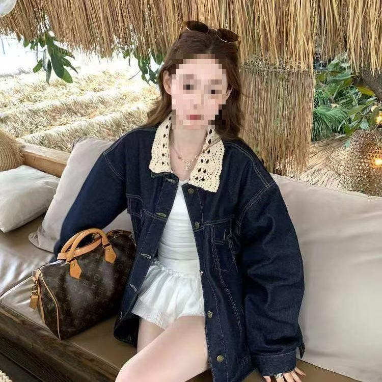 Women s Retro Patchwork Lace Denim Jacket - Spring/Autumn Loose Fit Casual Top XL синий