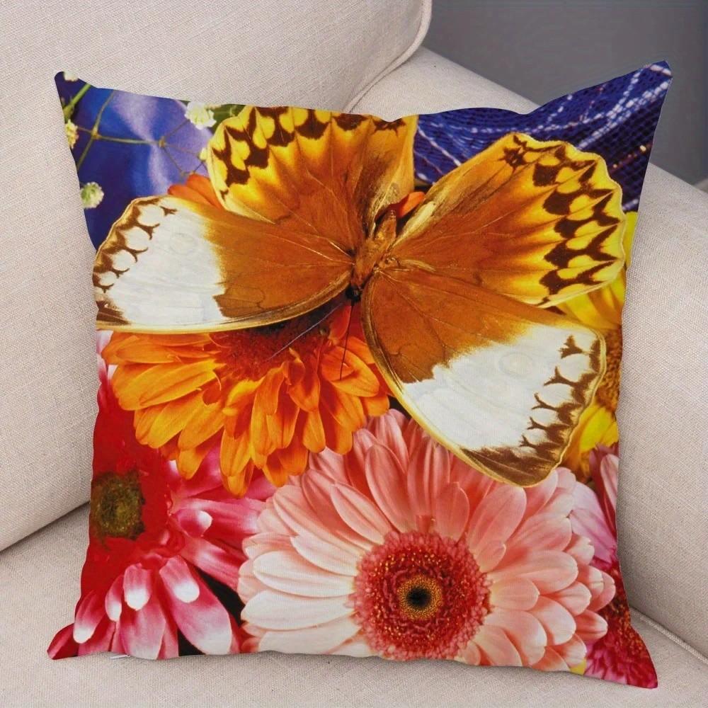 Colorful Butterflies And Blooming Flowers Pillow Pattern Cushion Cover Suitable For Sofa Bedroom Car Pillow Cover