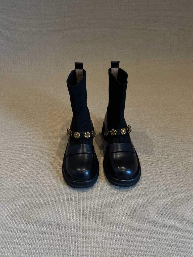 Thick-soled metal buckle elastic short boots retro college style knitted thin boots women's versatile loafers boots