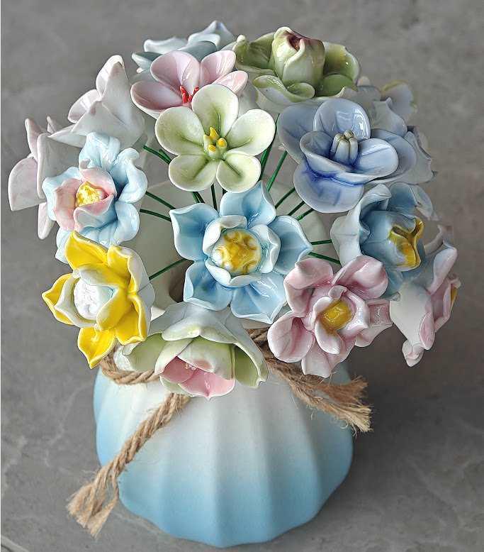 Handmade Ceramic Bouquet: Purple-Gold Lotus, Lily, Gardenia, Rose