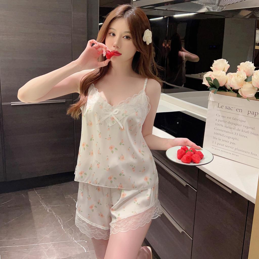 New sexy pajamas women's ice silk summer sexy cute princess style suspender shorts thin loungewear