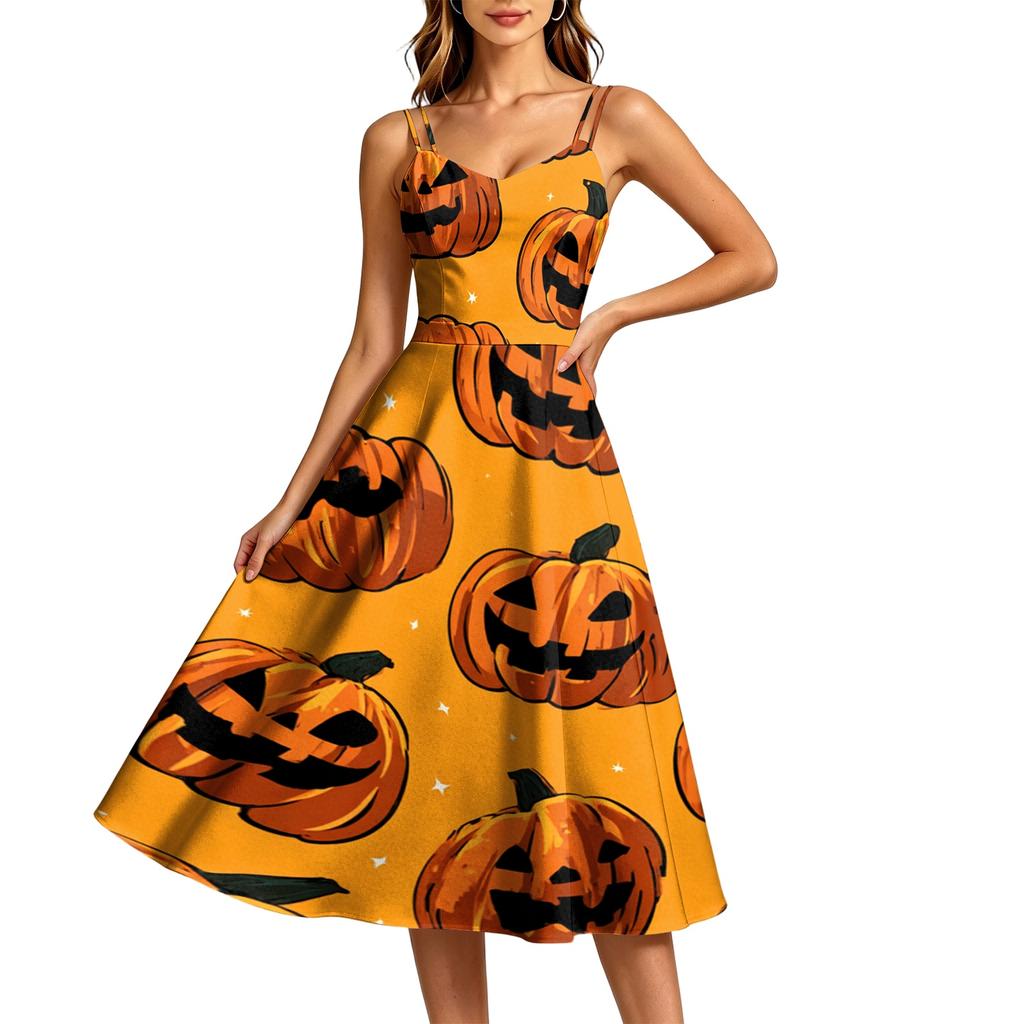 Women's Casual Round Neck Sleeveless Dress with Halloween Print for Party and Daily Wear