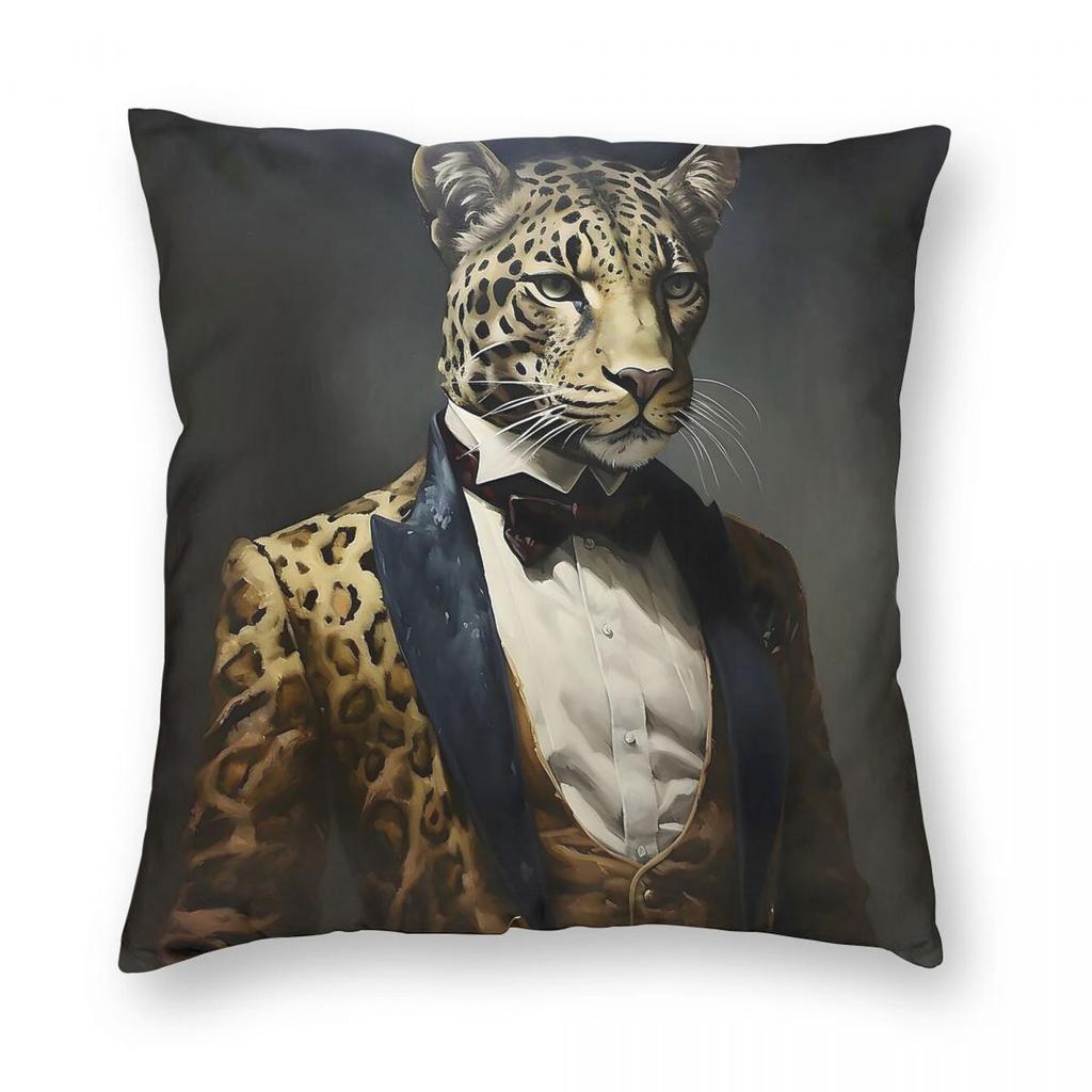 Leopard Portrait Dapper Animal Pillowcase Polyester Linen Velvet Creative Zip Decor Throw Pillow Case Room Cushion Cover 18"