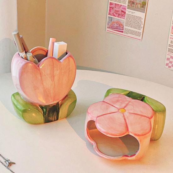 Ceramic Flower Pen Holder Cute Desk Office Storage Box Stationery Shelf Multifunctional Aesthetic Desktop Organizer for Makeup Tools Rulers Brushes