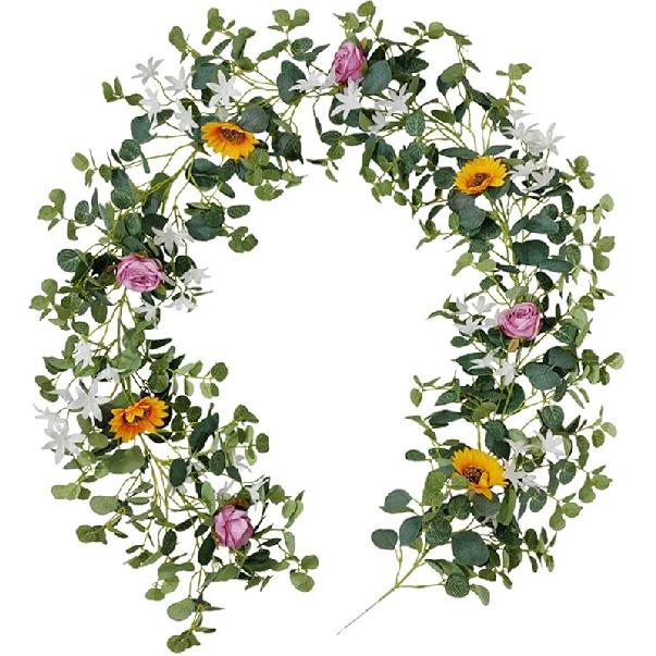 

Искусственная гирлянда из подсолнухов, эвкалиптовая лоза, венок из искусственных роз с зелеными листьями для свадебной вечеринки, украшение стола, рождественское украшение C-sunflower + Oncidium-2m