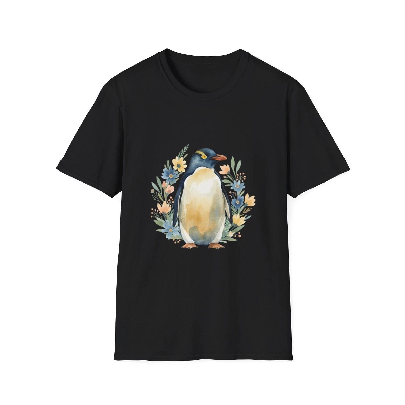 

Penguin Floral Watercolor Nature Black T-Shirt Cute Aesthetic Print Tee 4XL