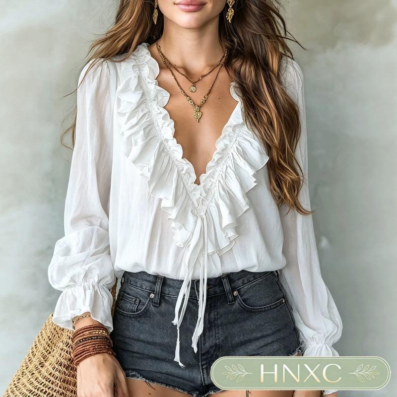 HNXC Women's Fashion Spring Autumn Long Sleeve V-Neck Casual Blouses & Shirts Classic Exquisite