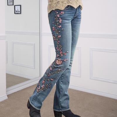 Jeans a zampa da donna, jeans a vita alta con ricami floreali, pantaloni in denim microelastico slim con tasche