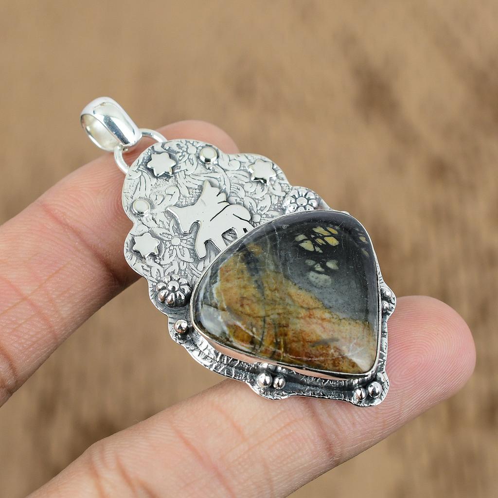 Natural Picasso Jasper Gemstone Pendant Unicorn Black 925 Sterling Silver