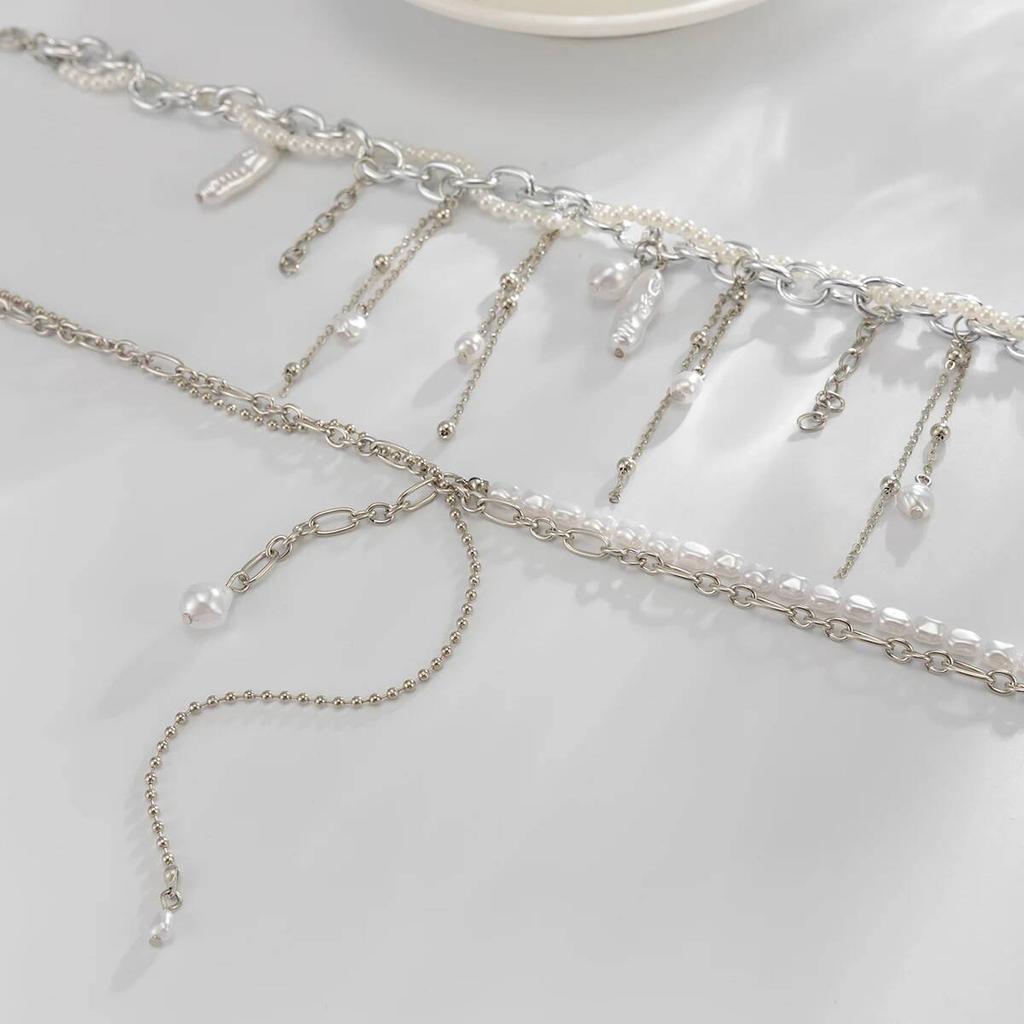 2Pcs/Set Bohemia Imitation Pearl Long Tassel Pendant Choker Necklace for Women Chest Chain Wedding Neck Jewelry Accessory