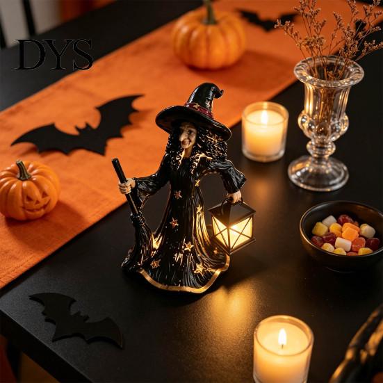 Gothic Witch Sculpture 2Pcs Halloween Night Lamp, Holding Lantern Figurine with Resin Decor LED, Glowing Statue for Tabletop Home