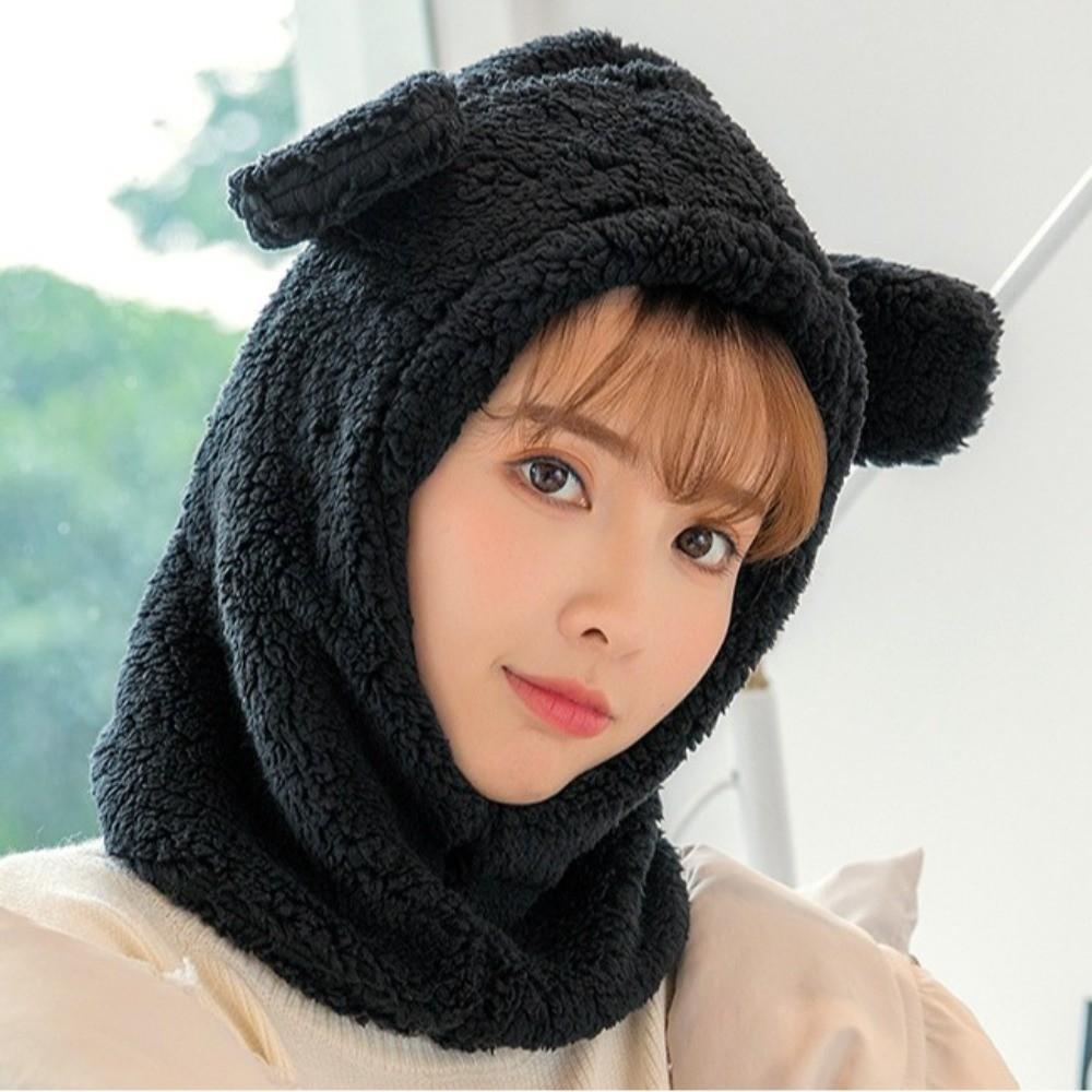 Cute Winter Warm Hedging Cap Cartoon Plush Hat Scarf Casual Bear Ear Hat Scarf  Autumn