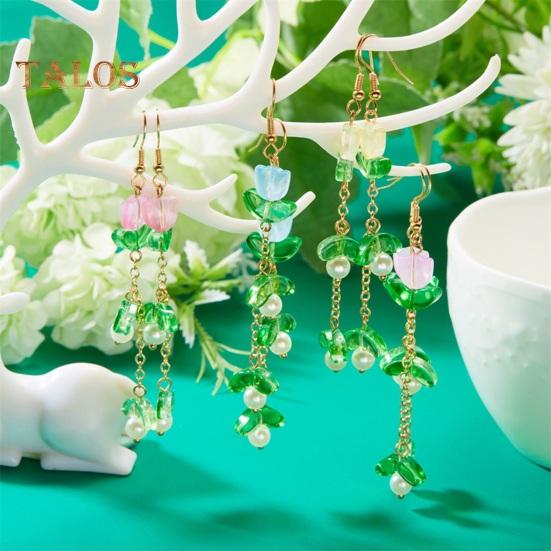 1 Pair Women Hook Earrings Faux Pearl Tulip Shape Long Tassel Alloy Electroplated Ear Jewelry Lady Prom Cocktail Party Dangle Earrings Hanging