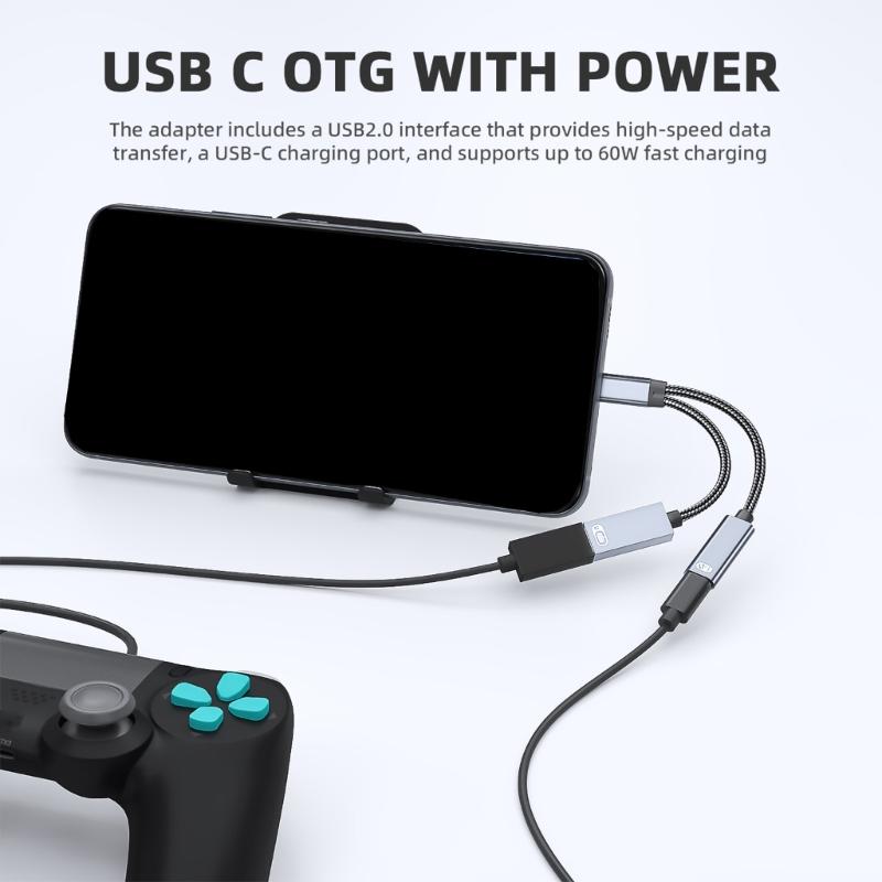2 in 1 Type C Splitter Aluminum Charging Adapter with 60W Power Delivery Charging & OTG Functionality for Phone Tablet 