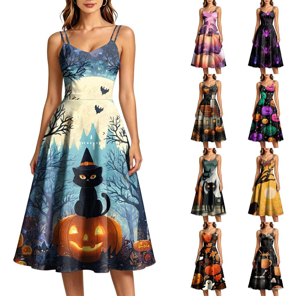 Women's Casual Round Neck Sleeveless Dress with Halloween Print for Party and Daily Wear