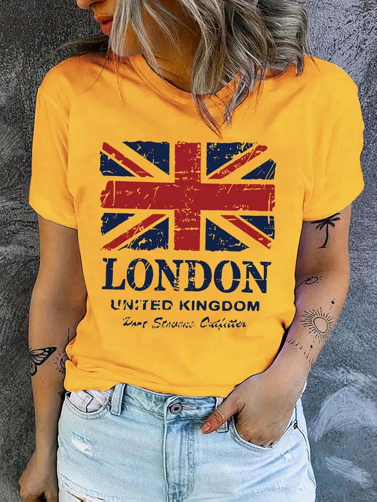 Fashionable City London British Flag T-shirt Graphic Print Short Sleeve Round Neck Summer and Spring Casual Tops Clothing