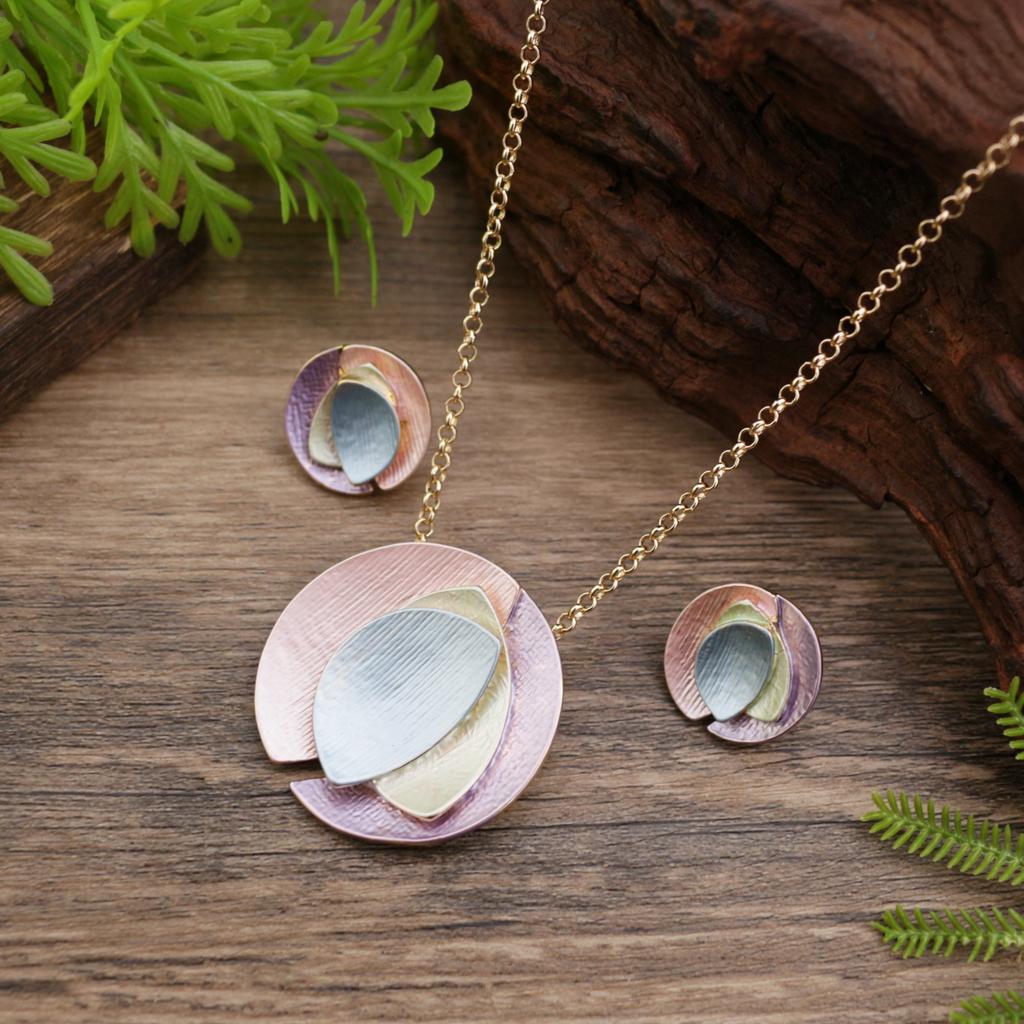 New Color Painting Oil Round Geometric Petal Stud Earrings Pendant Set, Women's Simple Flower Necklace