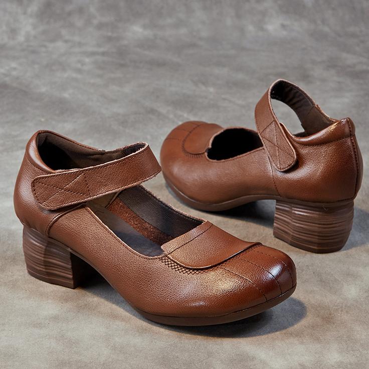 Johnature Women's Shoes Retro Thick Heels Soft Sole Versatile Genuine Leather Solid Color Pumps