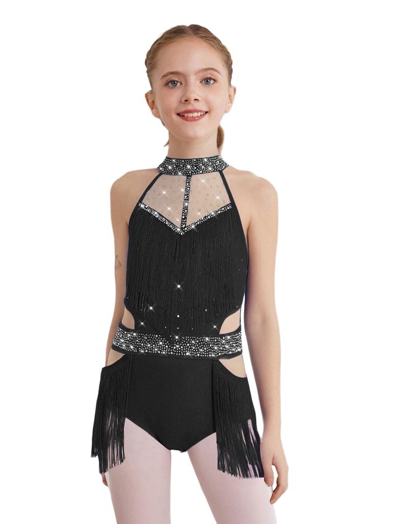 Girls Latin Dance Bodysuit Sleeveless Cutout Back Design Sheer Mesh Patchwork Shiny Rhinestones Tassel Leotard