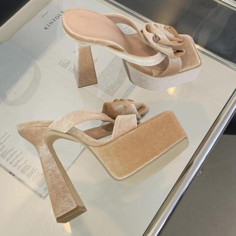 Fashion Chunky Platform Woman Slippers Velvet Rose Open Toe Wedding Banquet Sandals 13CM High Heels Slide Shoes Sandalias De Mujer