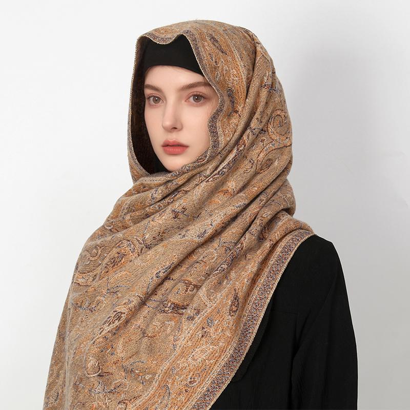 Thicken Embroidery Cashmere Winter Scarves Women Pareo Cape Warm Muslim Shawl Chunky Headscarf Wrap Ladies Elegant Poncho Turban