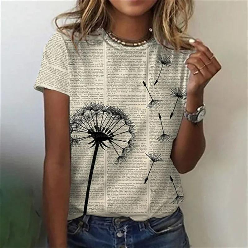 Women's fashion crew neck T-shirt, dandelion 3D printed T-shirt minimalist clothing short sleeve top outdoor casual novelty