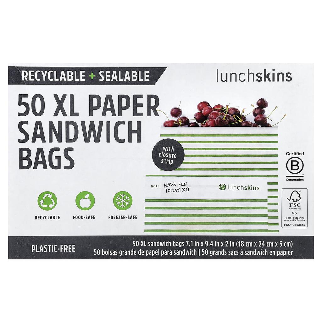 Lunchskins, XL Paper Sandwich Bags, with Locking Strip, 50-Count