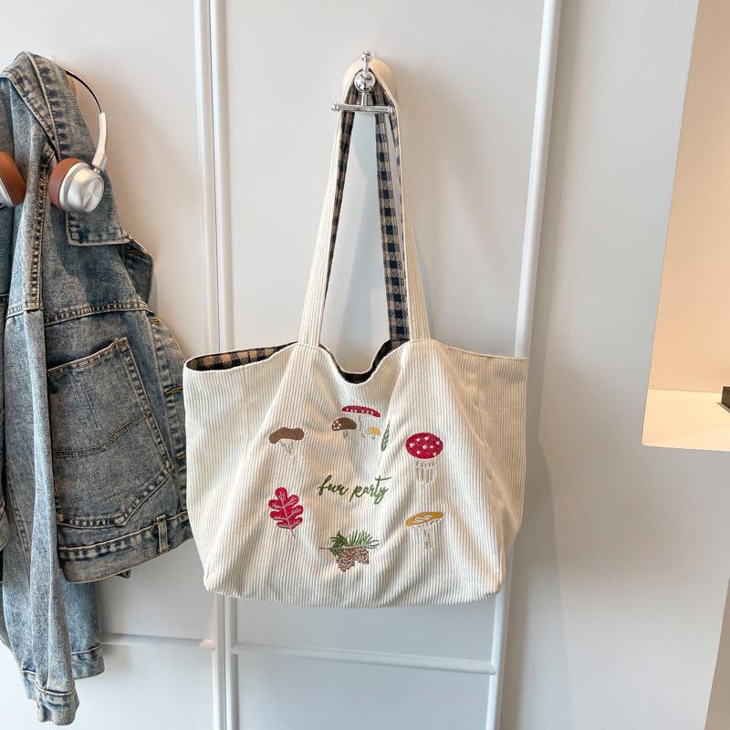Mori Mushroom Embroidered Shoulder Messenger Bag Corduroy Plaid Double-sided Bag Autumn and Winter New Retro Student Class Bag