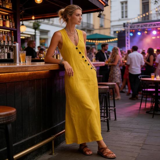 Vestidos Maxi de Verano para Mujer Casual sin Mangas Cuello en V Vestido de Playa Suelto de Tirantes con Botones y Bolsillos