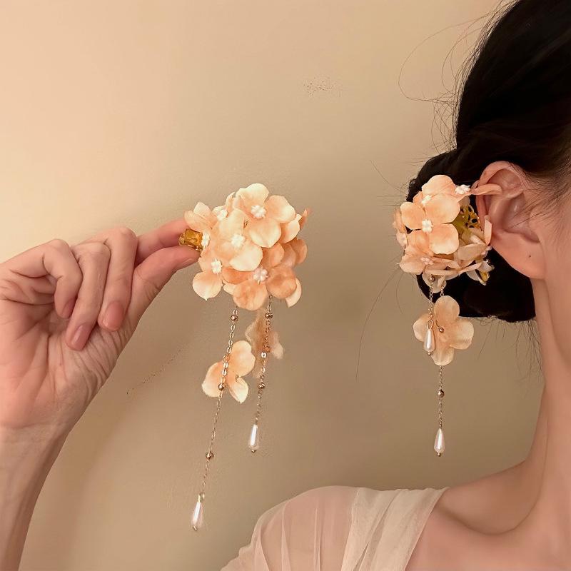 Fairy Chiffon Pearl Flower Tassel Hair Clip - Vacation Style Duckbill Bangs Accessory