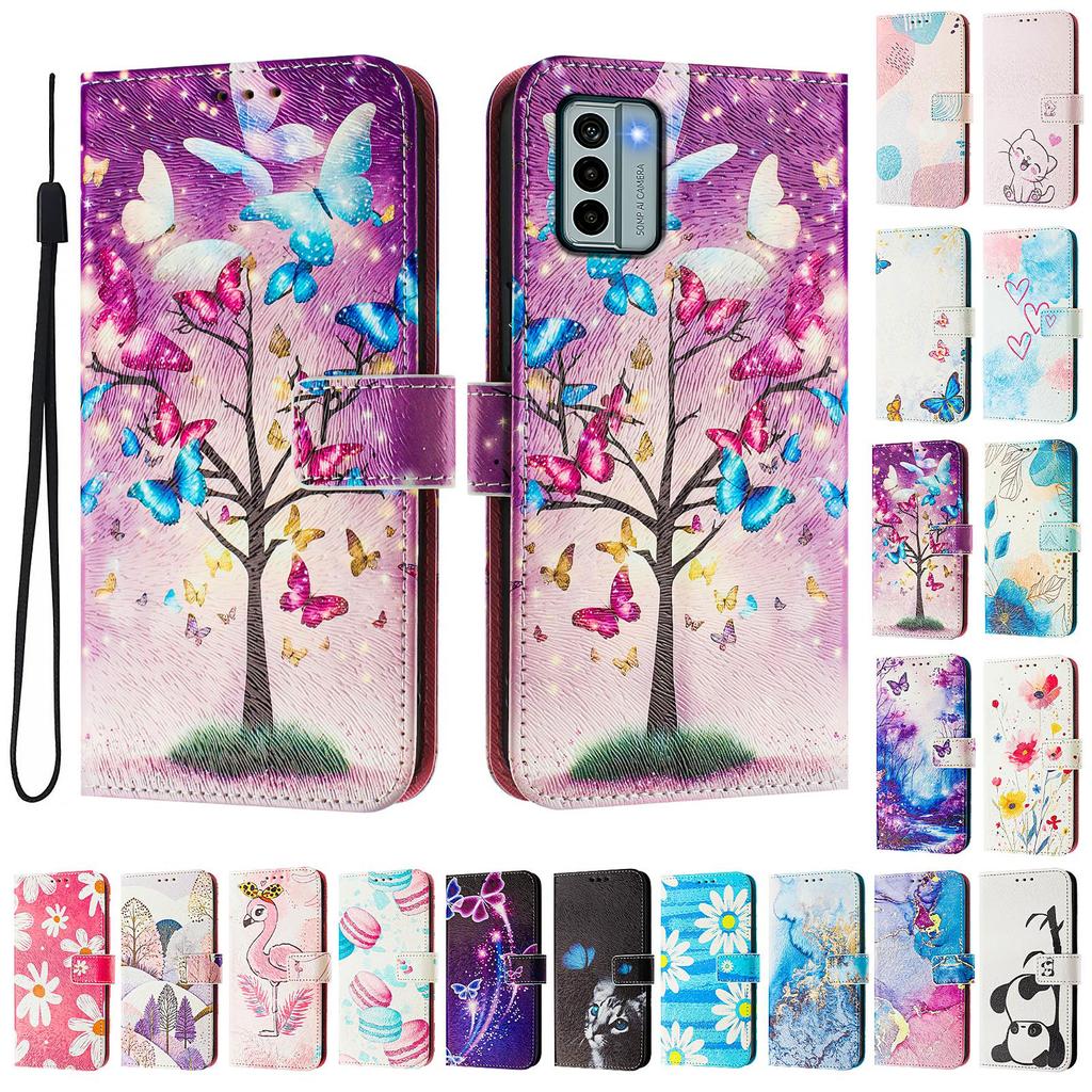 Schmetterlingsbaum Luxus Bemaltes Lederhülle Brieftasche Buchstil Abdeckung für Nokia C12,C32,C02,C22,G22,G11 4G,G21 4G,G42,G10,G20,C10,C20,HMD Pulse...