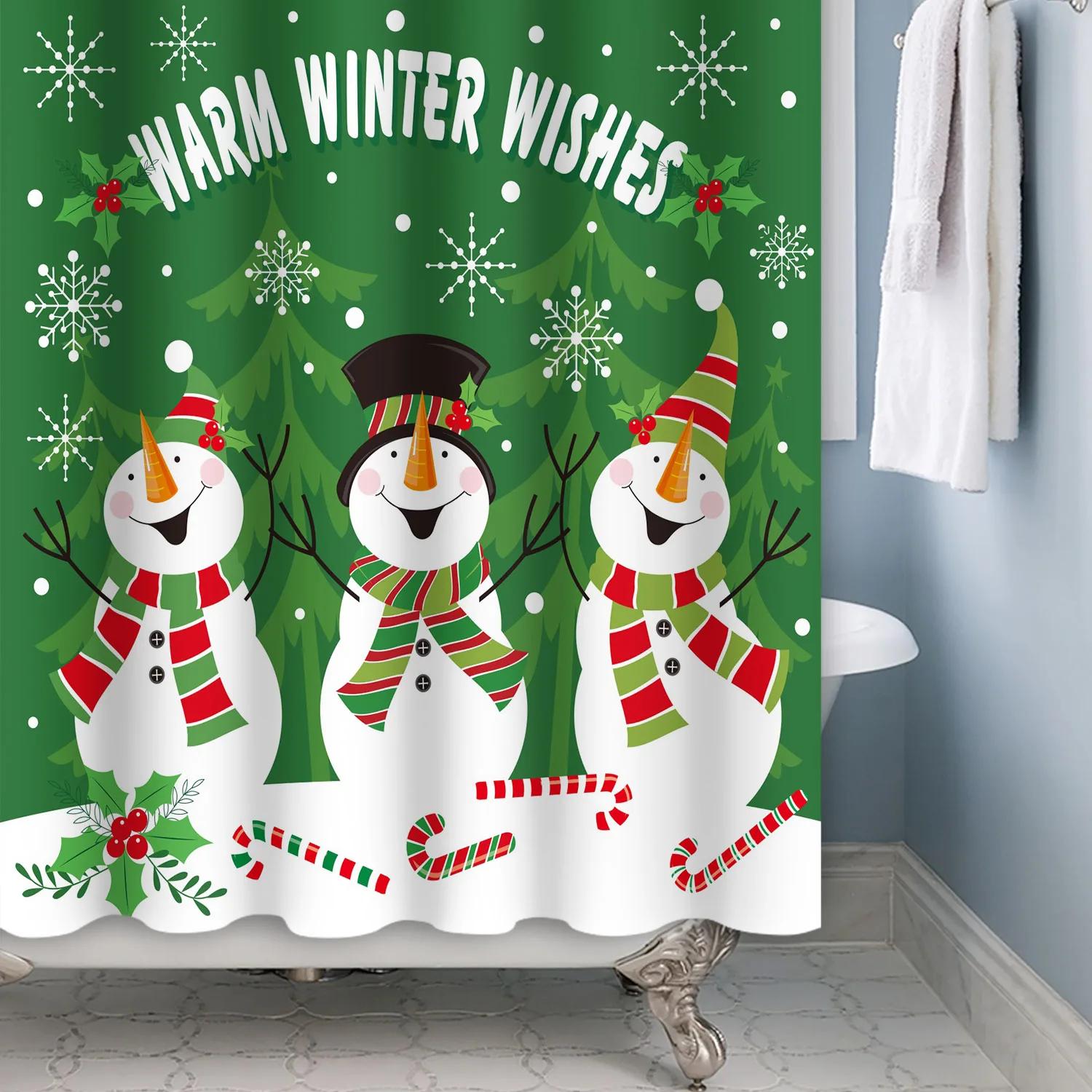 

Merry Christmas Snowflake Christmas Snowman Cute Reindeer Waterproof Shower Curtain Bathroom Home Decoration with Hooks 90x180cm