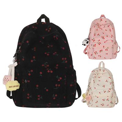 Corduroy Backpack Cherry Pattern Women Travel Daypack Adjustable Strap Laptop Backpack Rucksack for Work Shopping School