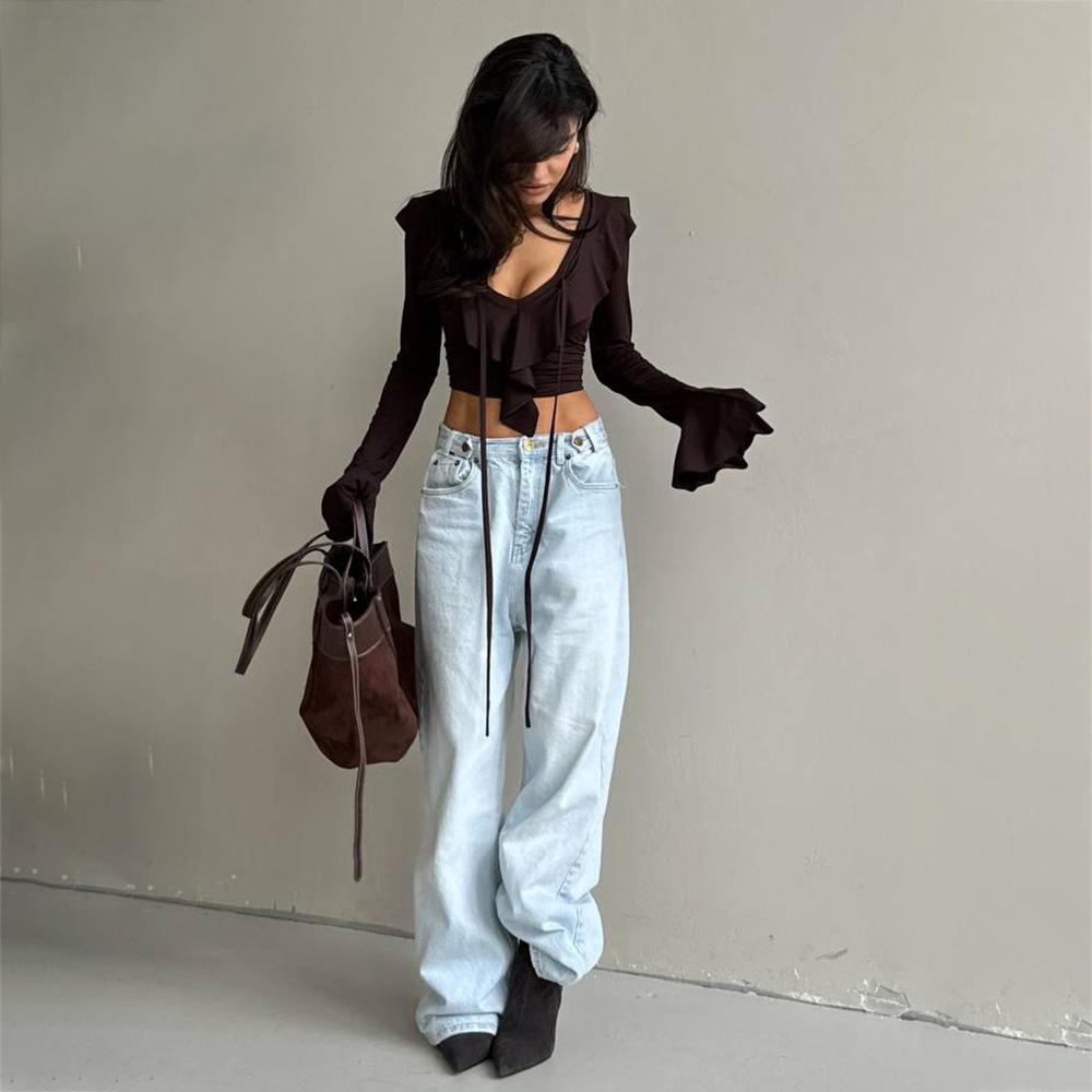 2025 Autumn New Collection, Solid Color, Ruffle Edge, Knitted Shirt, Women's Wear, Short Style, Sexy and Spicy Girl, Fashionable V-neck Top