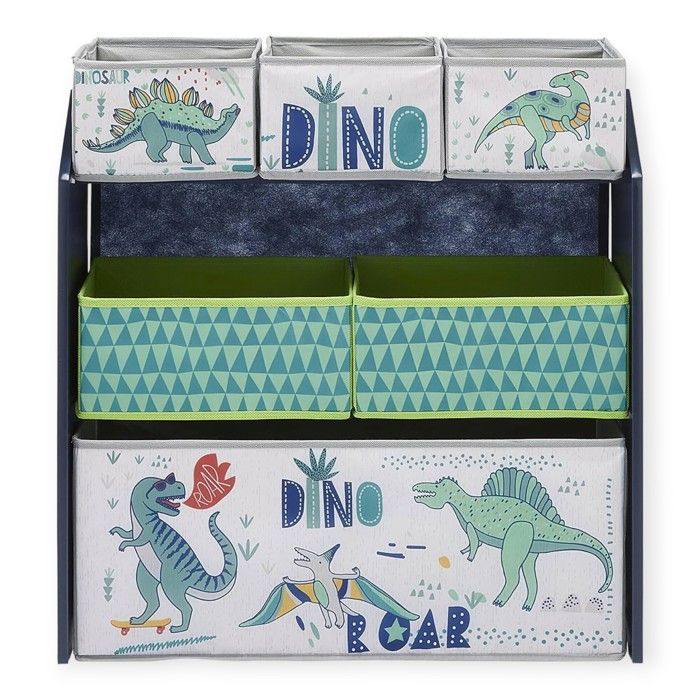 GINGER HOME DINOSAUR Children's Bookshelf, Toy Organizer with Storage Bins, MDF Wood, 63x30x60 Cm, Blue and Green