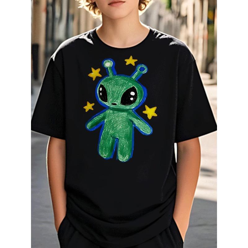 European sizes Boys Clothing Casual Trendy Cartoon Alien Stars Graphic Tee Kids Wear for Boys Daily Wear Holiday Gift Street Style 110 чёрный
