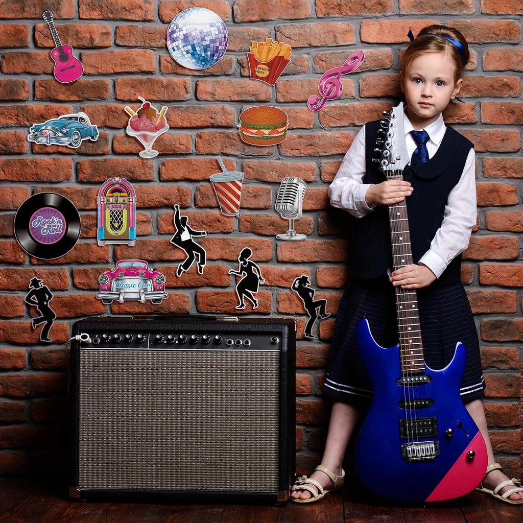 Eaasty 48 Pcs Rock and Roll Party Decorations 50's Retro Party Decoration 1950s Music Record Cutout Sock Hop Decorating Grease Theme Backdrop