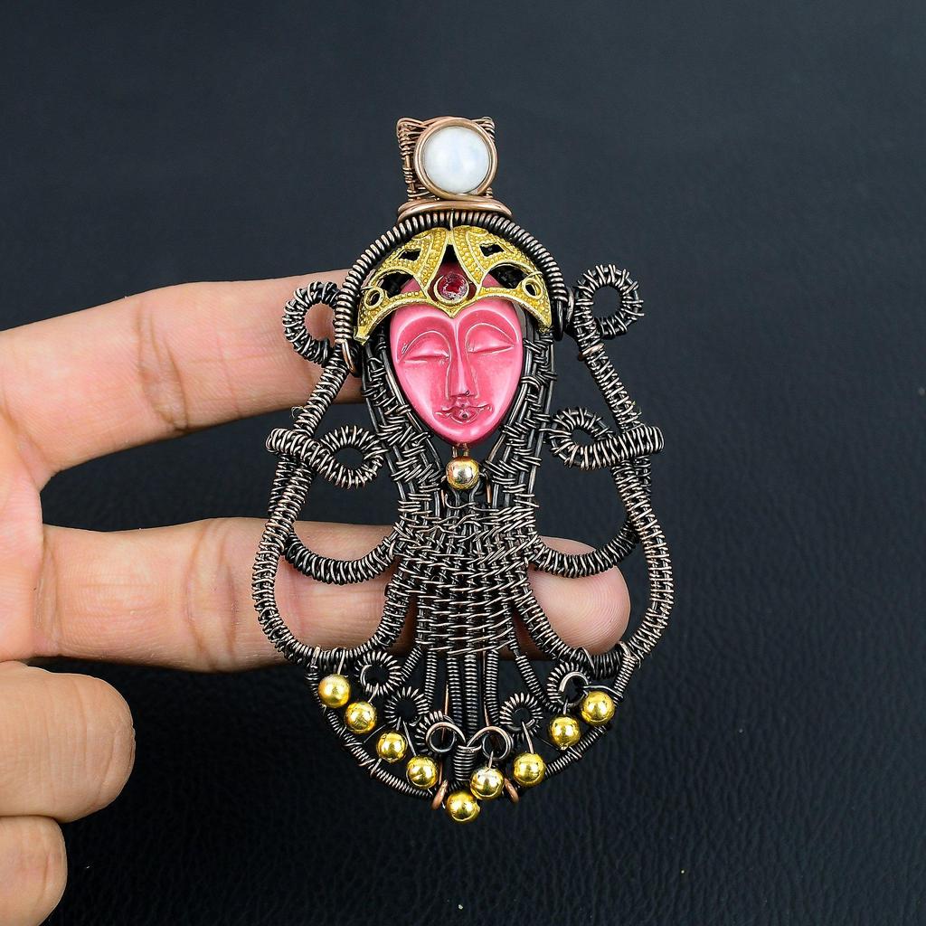 Carved Pink Face & Moonstone Jewelry, 999 Copper Wire Wrapped Pendant Handmade Gemstone Jewelry, Gifts For Wife Brand New Pendant