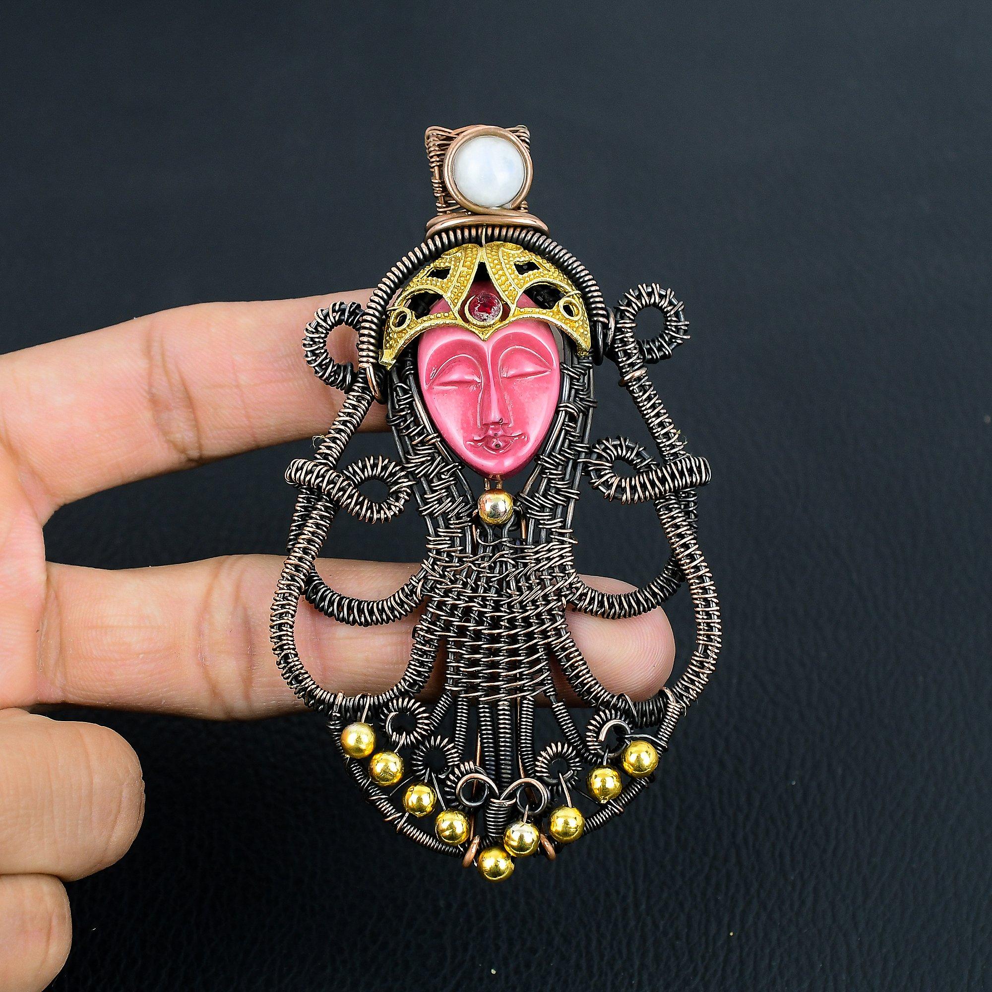 

Carved Pink Face & Moonstone Jewelry, 999 Copper Wire Wrapped Pendant Handmade Gemstone Jewelry, Gifts For Wife Brand New Pendant