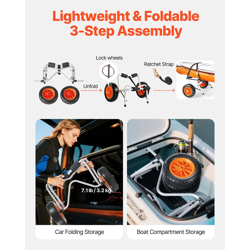 SucceBuy Kayak Cart 250lbs Capacity Foldable Kayak Trolley with 10-inch Solid Rubber Tires & 1 Ratchet Strap for Carrying Kayaks