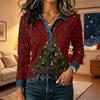 Stylish Women's Casual Loose Fit Long Sleeve Christmas Print Patchwork Top for Holiday Parties