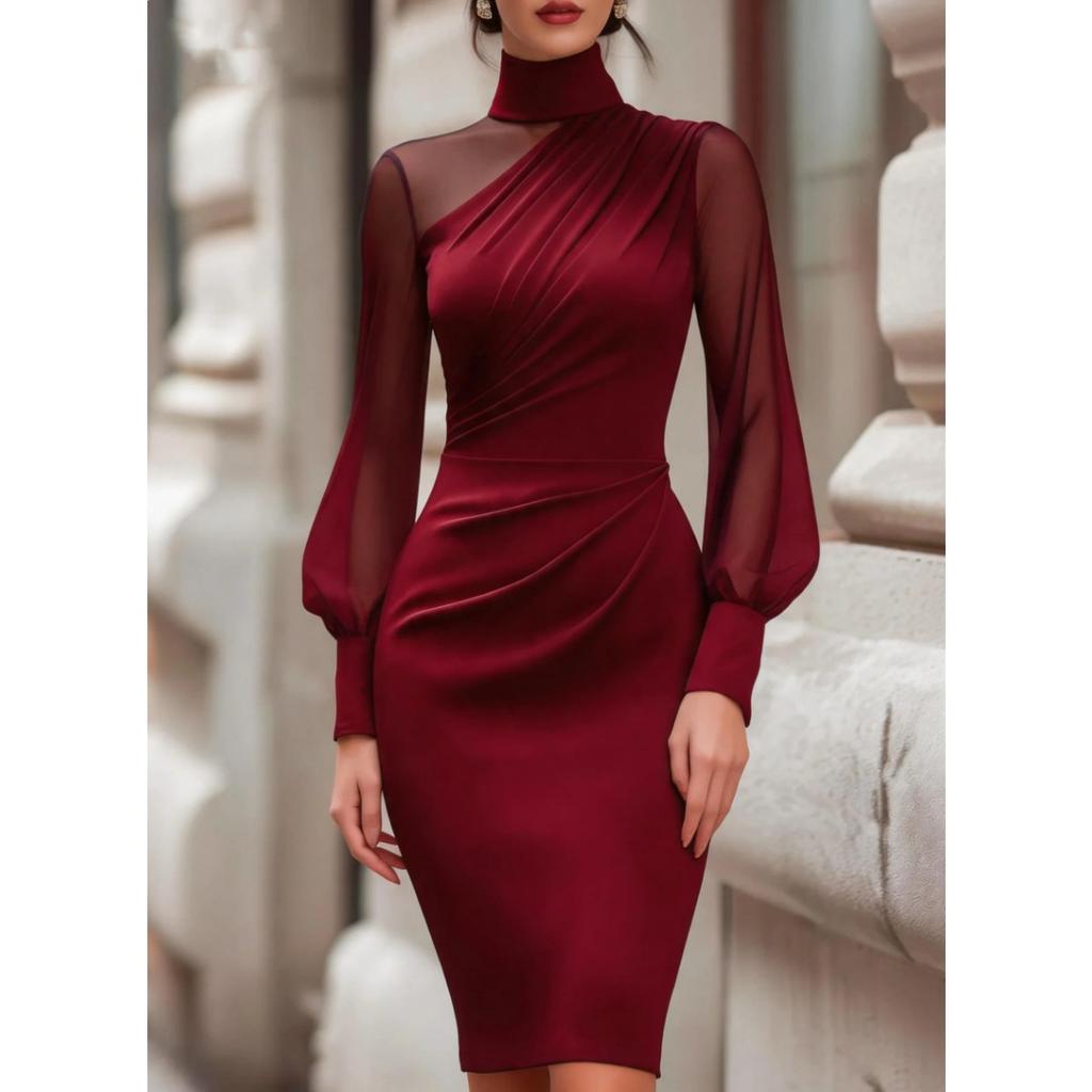 Women's European American Style Mesh Patchwork Dress High Neck Lantern Sleeve Bodycon Hip Wrap Evening Party Dinner Gown
