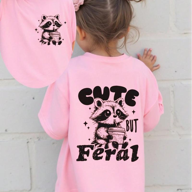 

SHEIN Playful Pals Baby Girl Casual Cute Raccoon & Bubble Tea Letter Print CUTE BUT FERAL Short Sleeve T-Shirt, Spring/Summer 150cm