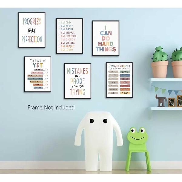 6Pcs Educational Growth Mindset Wall Art Kids Mental Health Therapy Canvas Paintings Positive Affirmations Wall Decor Boho Motivational Quotes