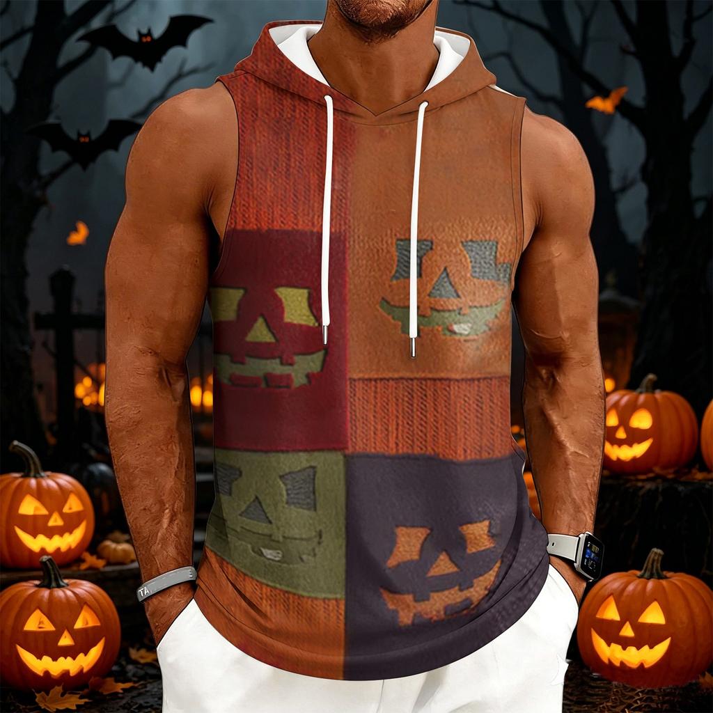 Men's Halloween Printed Hooded Sleeveless Drawstring Vest Casual Top