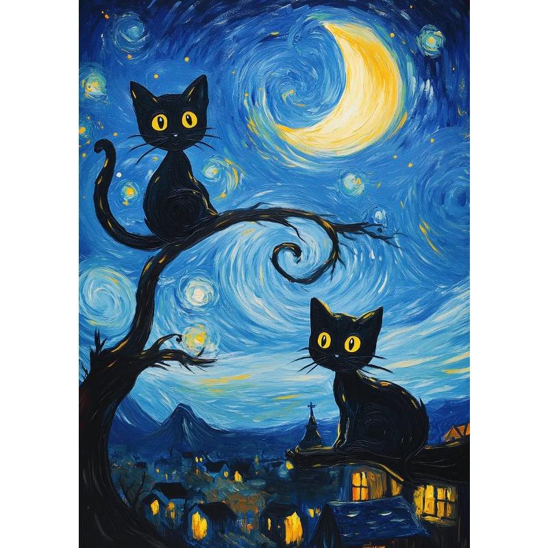 Black Cat Under The Sky Starry Night Series Theme Canvas Printing Fashion Populars Colors Mural Studio Home Decoration Art Gifts