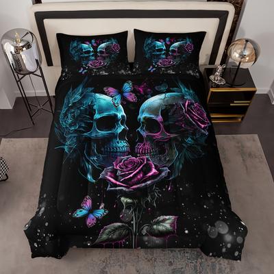3pcs Skull Bedding Set Queen Size Goth Bedding Sets Queen Skull Comforter Set Rose Comforter Halloween Skull Cover