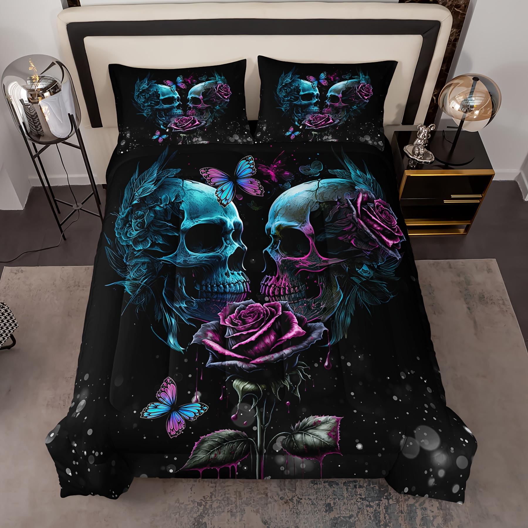 

3pcs Skull Bedding Set Queen Size Goth Bedding Sets Queen Skull Comforter Set Rose Comforter Halloween Skull cover EU Twin(135x200cm)