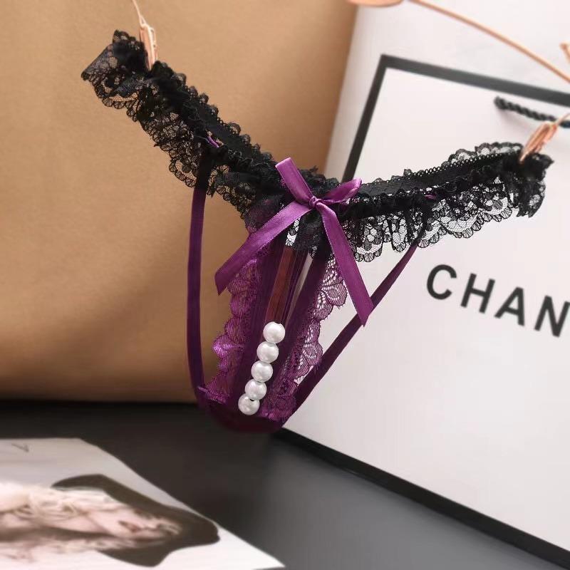 Plus Size Lingerie Women Lace Briefs Pearl Beading Panties For Sex Open Crotch Thongs G Strings Transparent Underwear