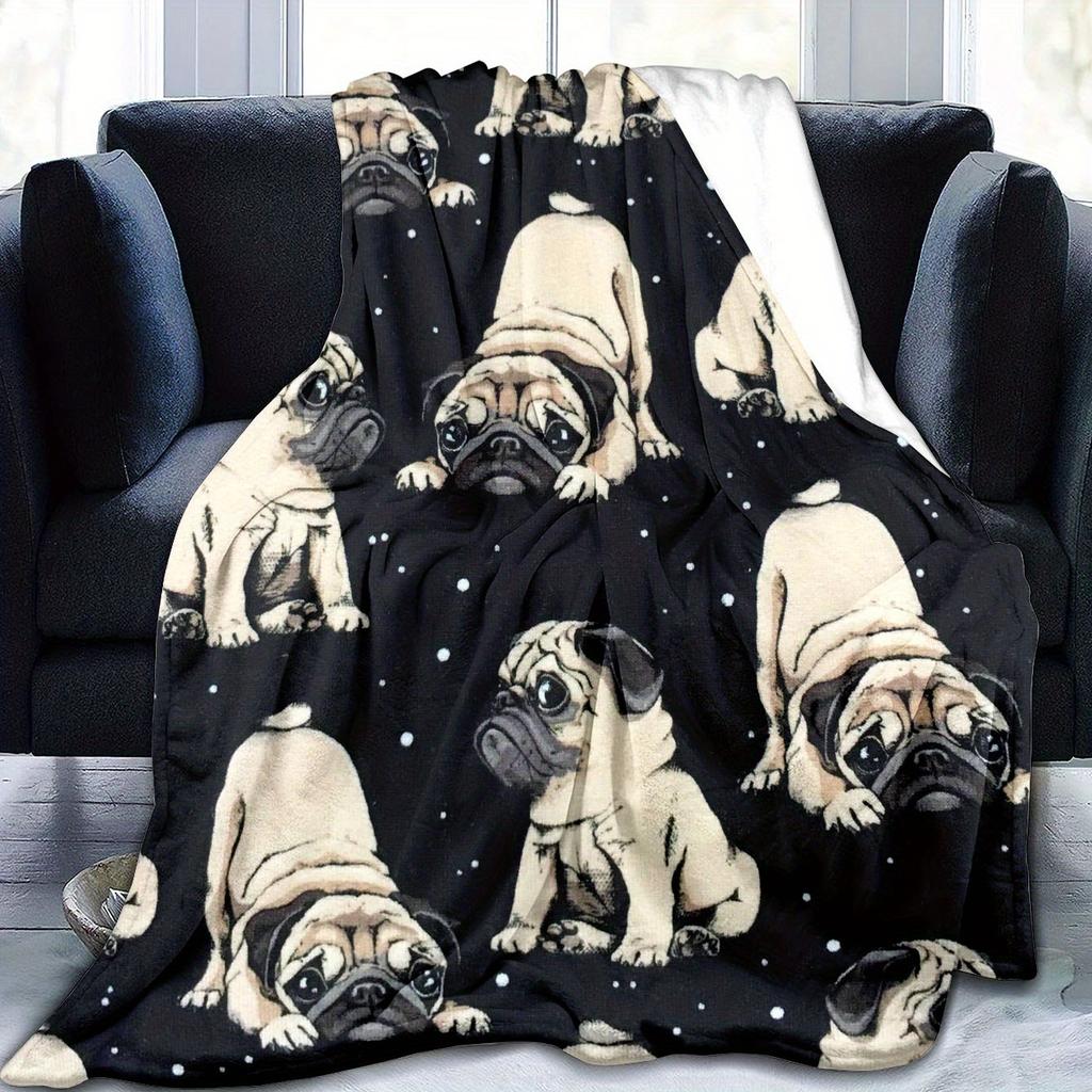 Cute Pug Printed Flannel Blanket for Sofa Sofa Office Bed Camping Trip, Multipurpose Gift Blanket for All Seasons